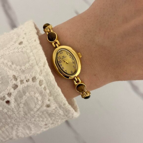 American Vintage Accessories - SKU:0007 cute gold white mini watch bracelet with brown‎ natural stone inserts